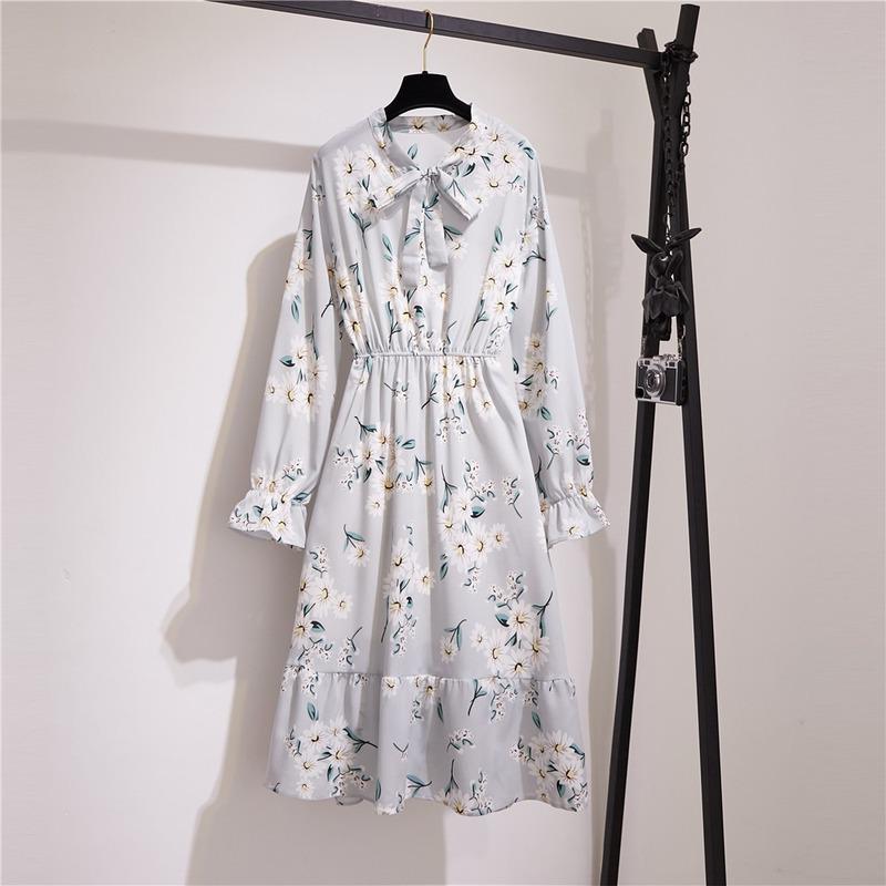 Vintage Printed Dress Long Sleeve O Neck 2pcs Casual Chiffon Dress Elastic Waist A-line Long Dress,S Vintage Printed Dress Long Sleeve O Neck 2pcs Casual Chiffon Dress Elastic Waist A-line Long Dress,S