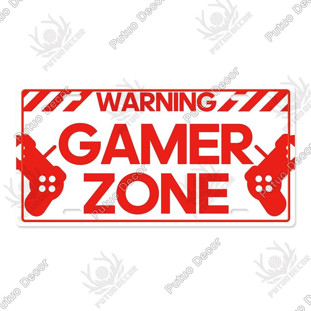 Putuo Decor Warning  Game Zone Tin Sign License Plate Plaque Metal Vintage Poster for Man Cave Pub Club Park Wall Art Decor