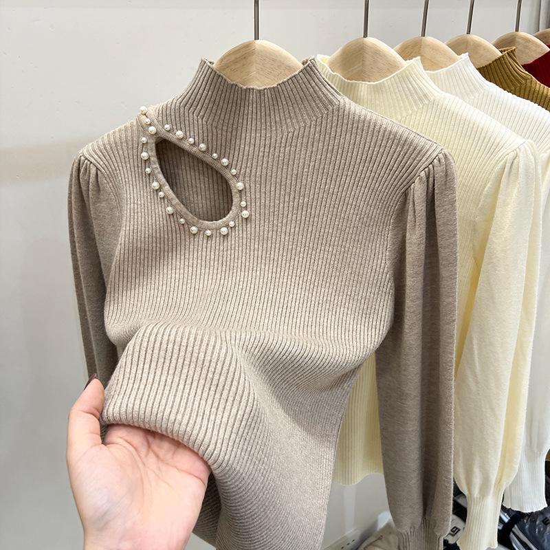

Women s High Neck Beaded Hollow-Out Knitted Sweater - Long-Sleeve Autumn/Winter Design XL