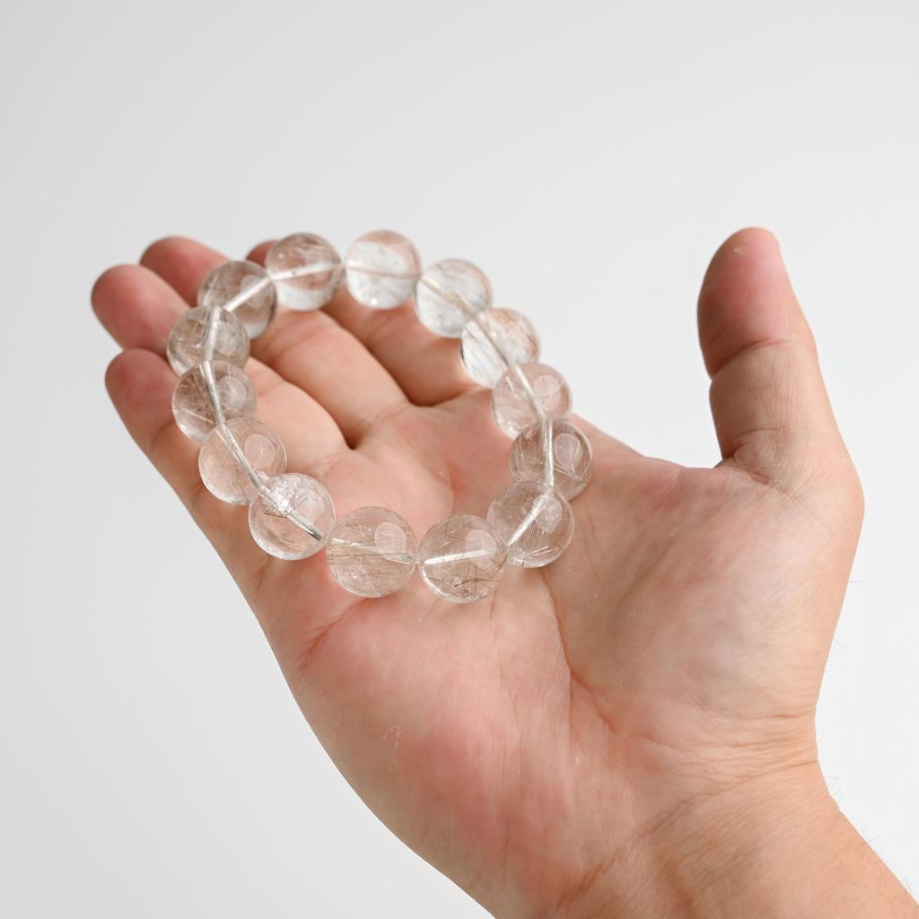 Eigado Silver Rutilated Quartz 17mm 19cm Wrist Limited Natural Power Prayer Good Luck Feng Shui Bracelet, Stone, Circumference, One-of-a-Kind,
