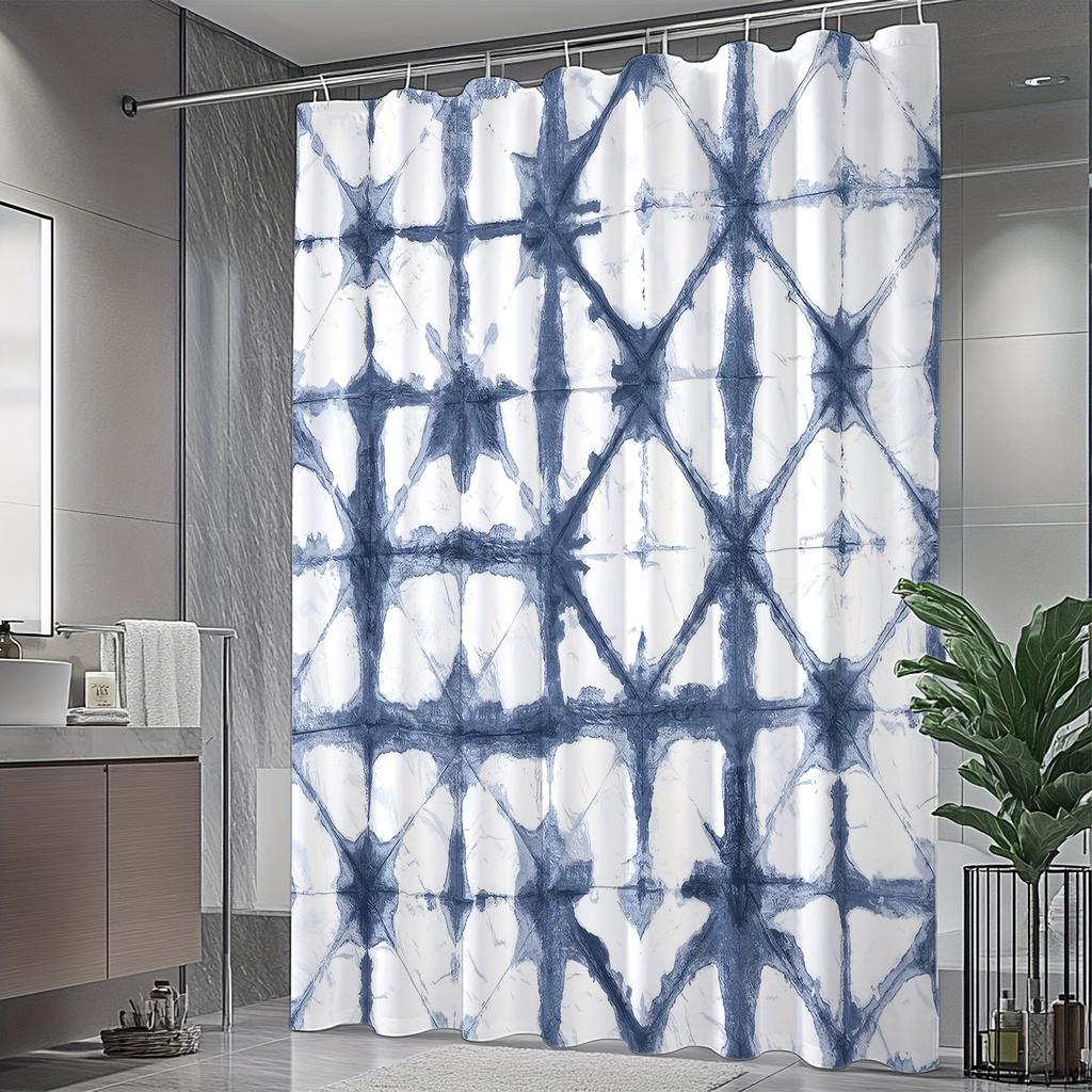 Modern Abstract Blue & White Geometric Shower Curtain - Machine Washable Polyester, Artistic Star & Line Design, All-Season Use