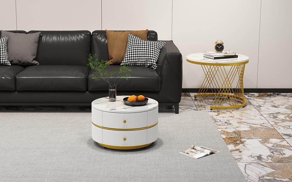 Elegant 2-Piece White Coffee Table Set, Nesting Shape, 60*60*46cm & 50*50*30.8cm, Marble Look, 2 Drawers, Load Capacity up to 30kg