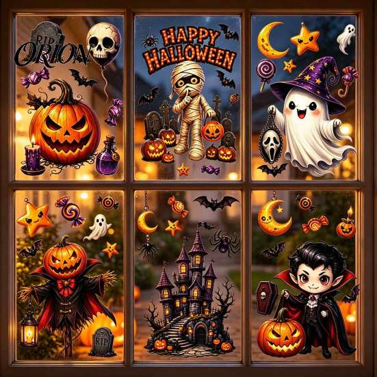 Decorative Vampire Clings Halloween Static Window Clings, Pumpkin Ghost Mummy Cartoon Decals, Cute Decor Self-Adhesive for Glass Door Mirror