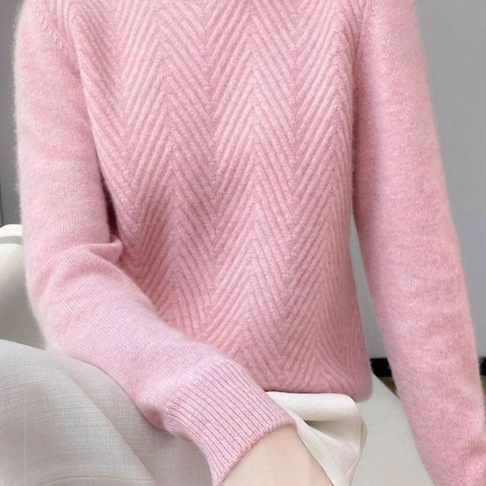 

Осенне-зимний толстый свитер из чистой шерсти - пуловер с высоким воротом и рубчатой отделкой, H-силуэт, стандартная посадка, топ с длинным рукавом и подолом-зонтиком 2XL розовый