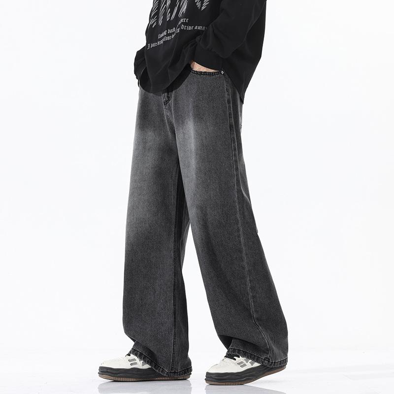 American Semi-Elastic Waist High Street Jeans Men's Loose Straight Wide Leg Pants