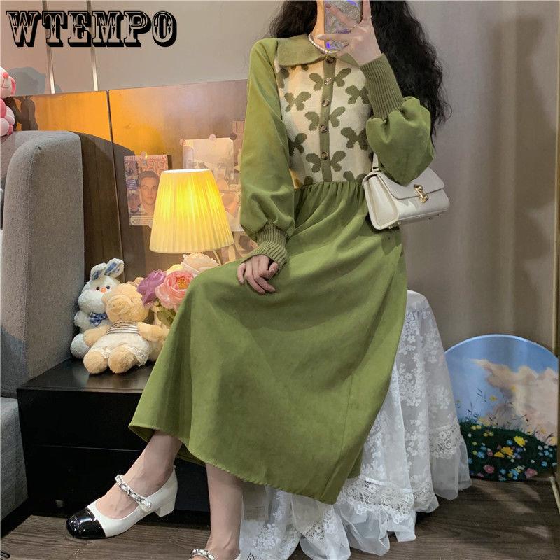 Spring and Autumn Women's Dress Retro Polo Neck Dress Color-blocking Design Slim Waist Small Versatile Medium Length A-line Dress