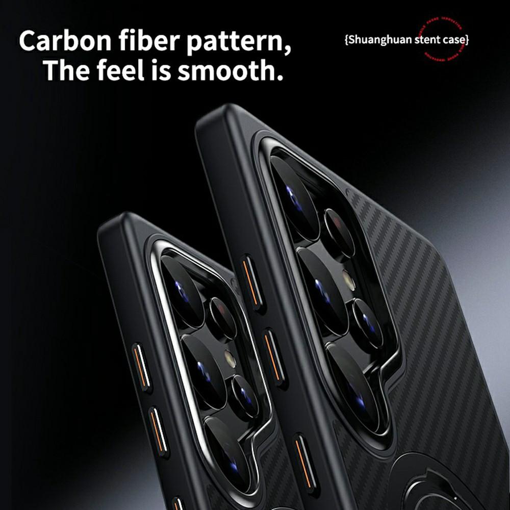 For Samsung Galaxy S25 Ultra Magnetic Case PC+TPU Phone Cover Ring Holder Carbon Fiber Texture