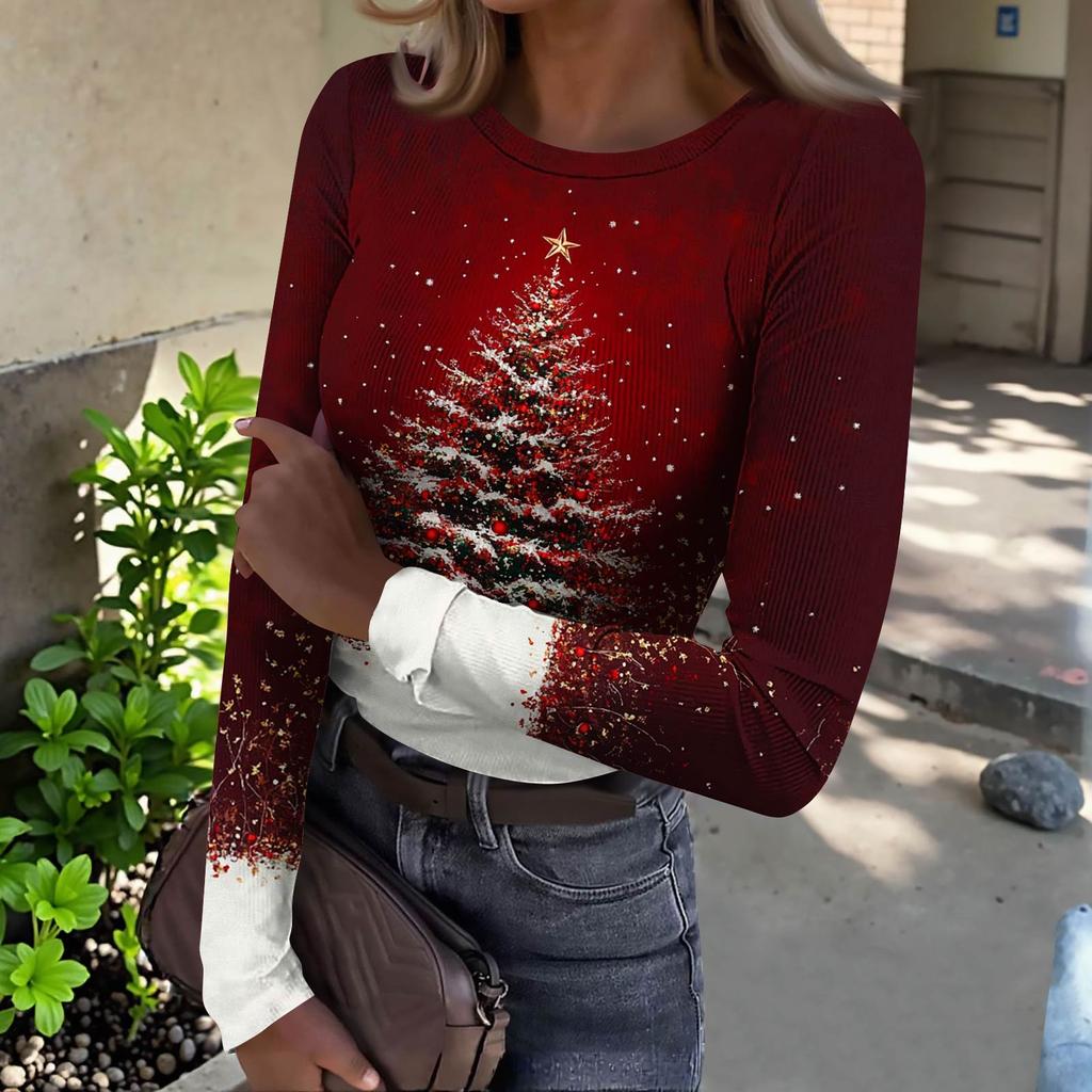 Women's Slim Bottom T-shirt Fashion Casual Gradient Printing Round Neck Pullover Long Sleeve Top