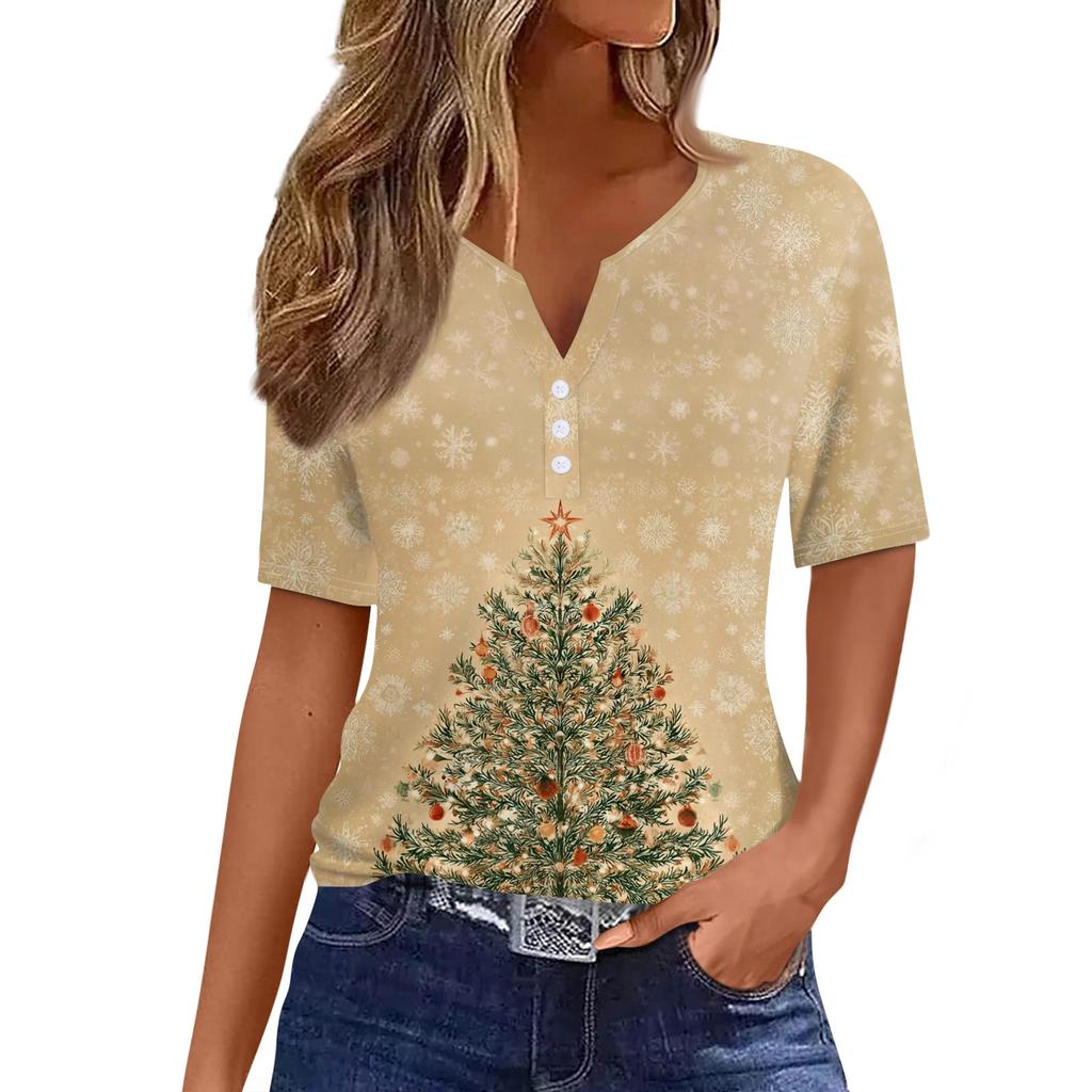 Women's T Shirt Christmas Print Button Short Sleeve Daily Weekend Fashion Basic V- Neck Regular Top