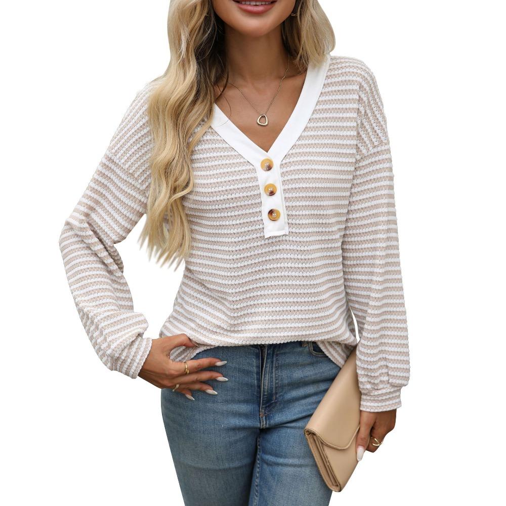 Women's V Neck Long Sleeve Loose Fit Casual Striped Knit Top Blouse for Daily Wear
