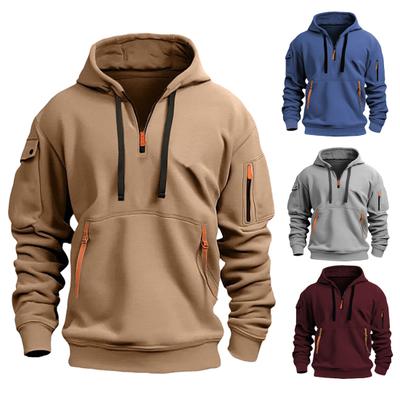 Men Hoodie Zipper And Strap Decor Drawstring Hooded Top Fall Spring Winter Patchwork Pullover Hoodie with Elastic Cuffs for Outdoor Work Daily Life