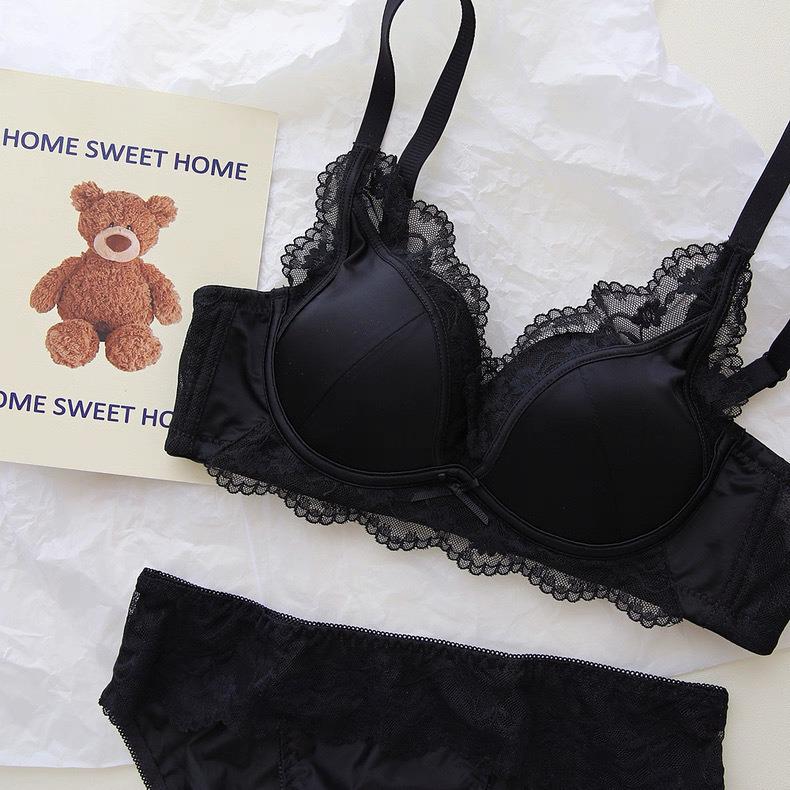 French Lace Satin Lingerie Set: Push-Up, Wire-Free, Anti-Sagging Bra for Small Busts