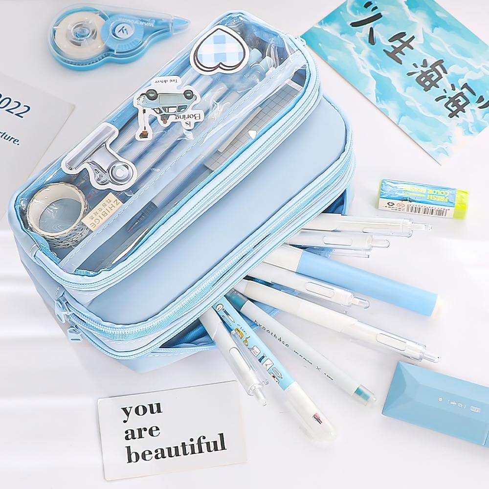 Large Light Color Multi-Compartment Pencil Case Durable with Clear Window Portable Cosmetic Bag for Stationery