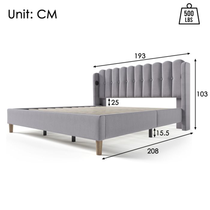 Lit Double Capitonné Avec Chargeur USB Type C,cadre De Lit Avec Sommier À Lattes, Lit Capitonné En Gris,cadre De Lit 180 X 200 Cm