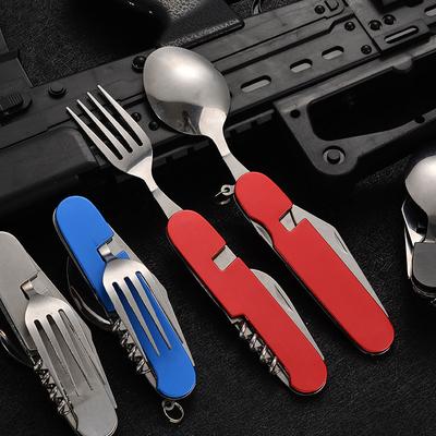 Esslöffel-Set, 4-in-1, faltbarer Löffel, Messer, Gabel, Flaschenöffner, Edelstahl, faltbare Taschen-Kits, Outdoor-Geschirr-Set