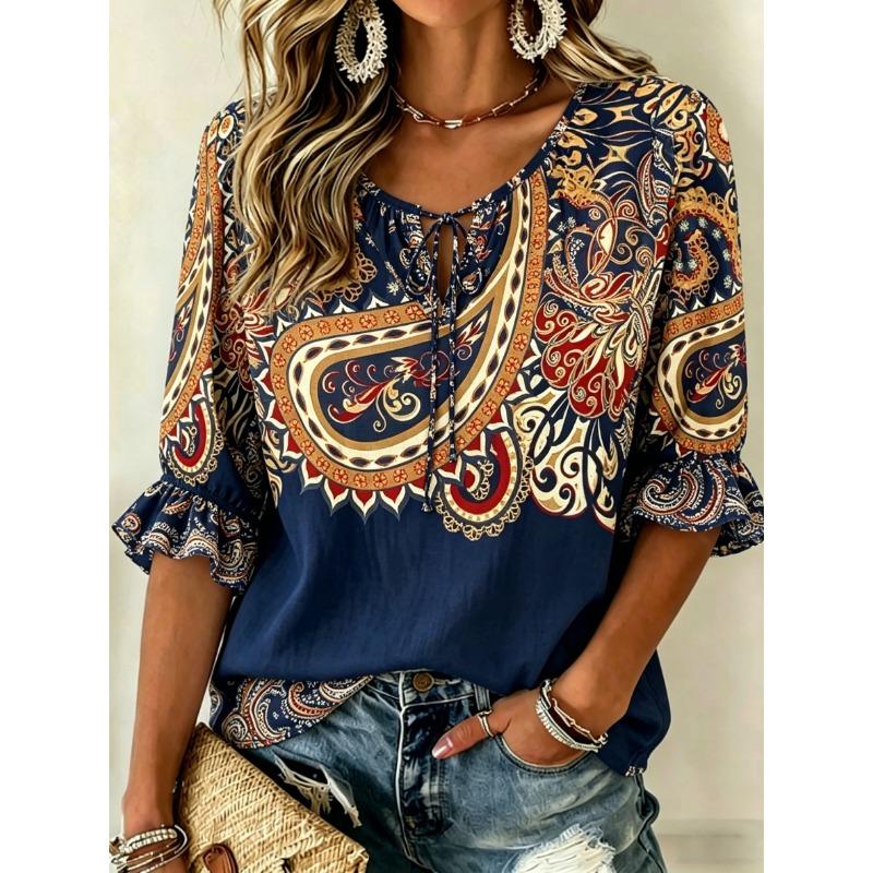Women's Pink Plaid Geometric Print Tie Neck Blouse Ruffle 3/4 Sleeve Casual Office Work Loose Spring Autumn Top