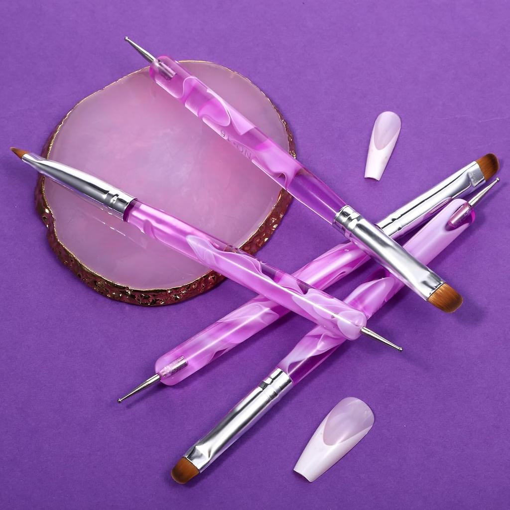 4 Pcs French Gel Nail Art Brush, Double-Ended French Gel Acrylic Nail Brush with Dotting Tool, Professional Manicure Tool for Manicure Cuticle Clean