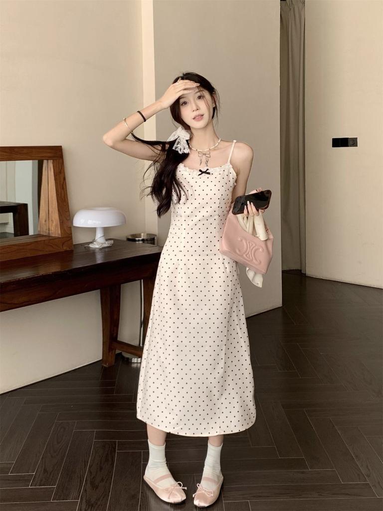 Fresh and sweet polka dot bow wear suspender dress women's summer new sunscreen clothes cardigan two-piece set