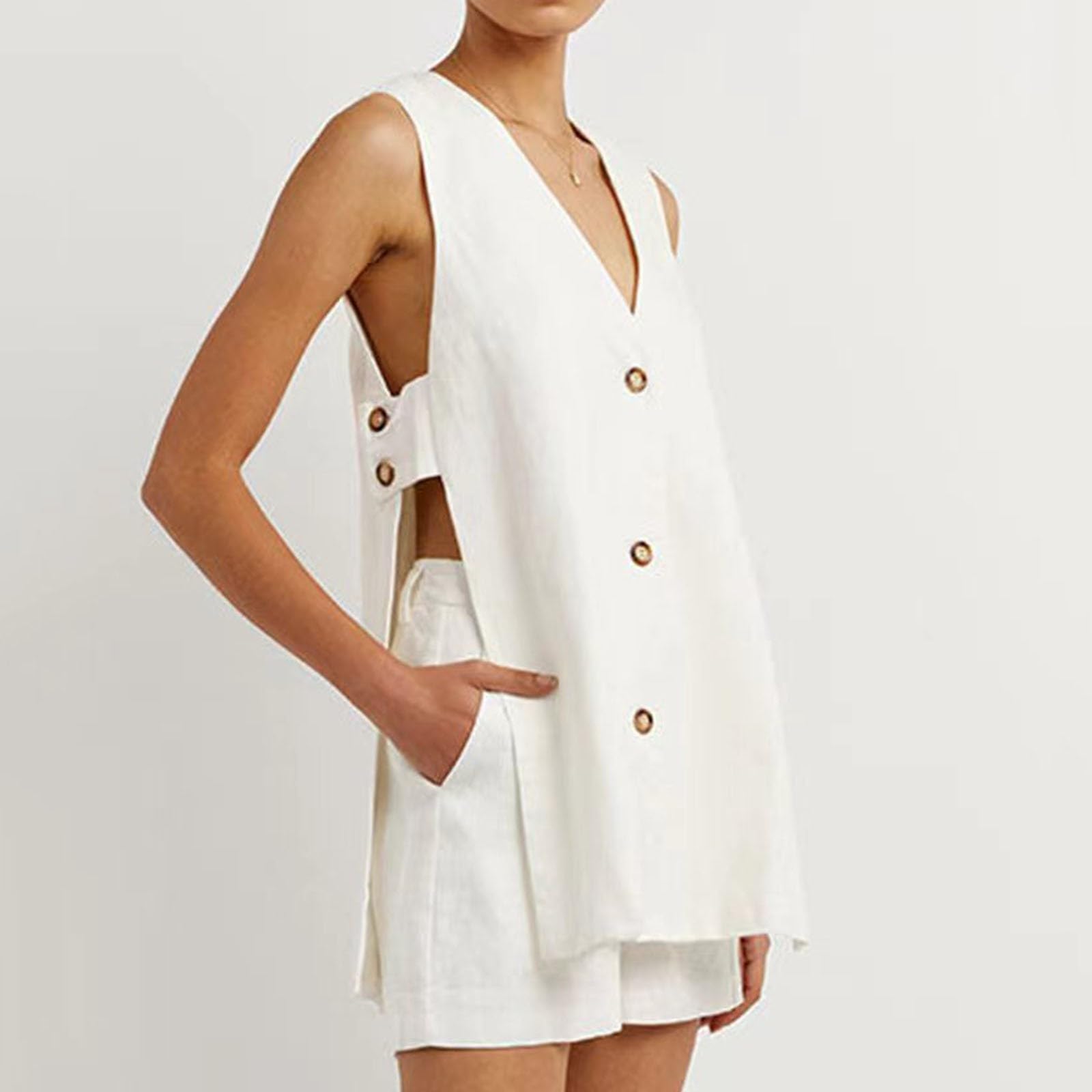 

Sleeveless V Neck Button Detail Side Cutout Top with Loose Fit Shorts Two Piece Set for Women Casual Summer Outfit XXL