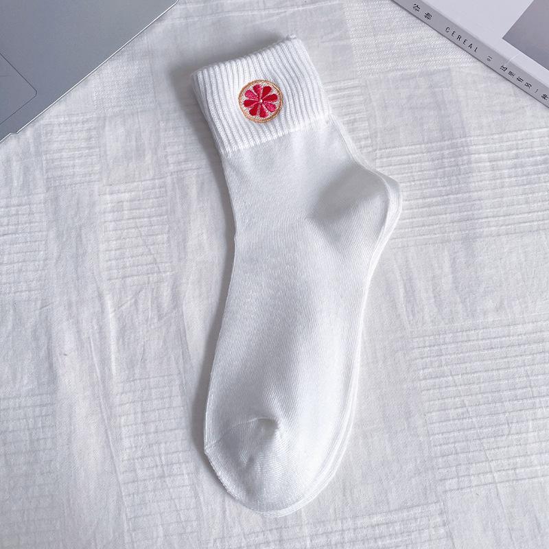 

White Ankle Socks - Mid-length Summer and Spring Style Anti-odor and Sweat-absorbing Versatile Cotton Socks with Fruit Embroidery and Pure Color. 1 pair