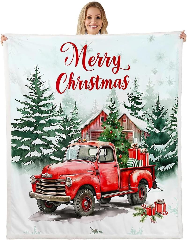 Christmas Throw Blanket Watercolor Red Truck Decor Fleece Blanket for Kids Teens Adults Green Xmas Trees Yellow Polka Dots Fuzzy