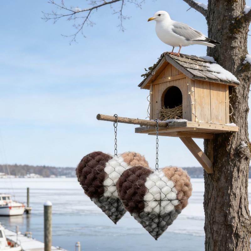 2PCS Refillable Bird House Fiber Fillers In Heart Style Metal Hangers For Lawn And Garden