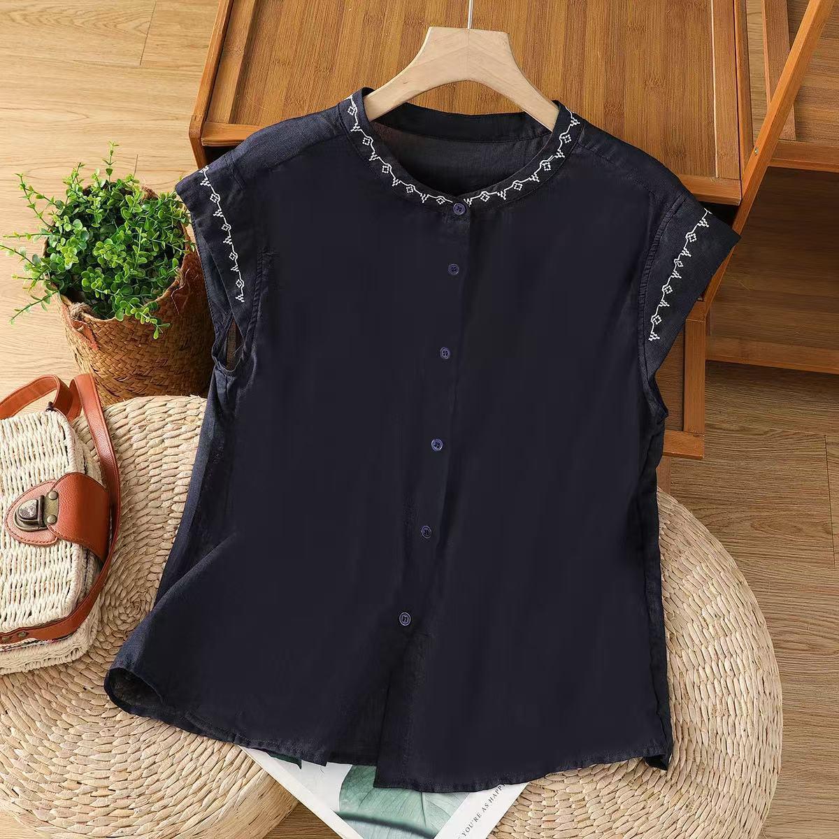 

Шикарная льняная блузка с вышивкой и рукавами-крылышками – женский летний топ, визуально омолаживающий 2XL (135-150 jin) темно-синий