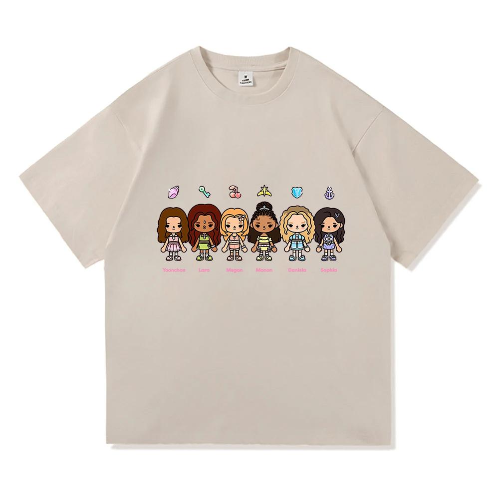 KATSEYE X Toca Boca T-Shirt Koreanische Mädchenband Cartoon-Druck T-Shirts Baumwolle Kurzarm Locker Damen-T-Shirts Unisex Streetwear