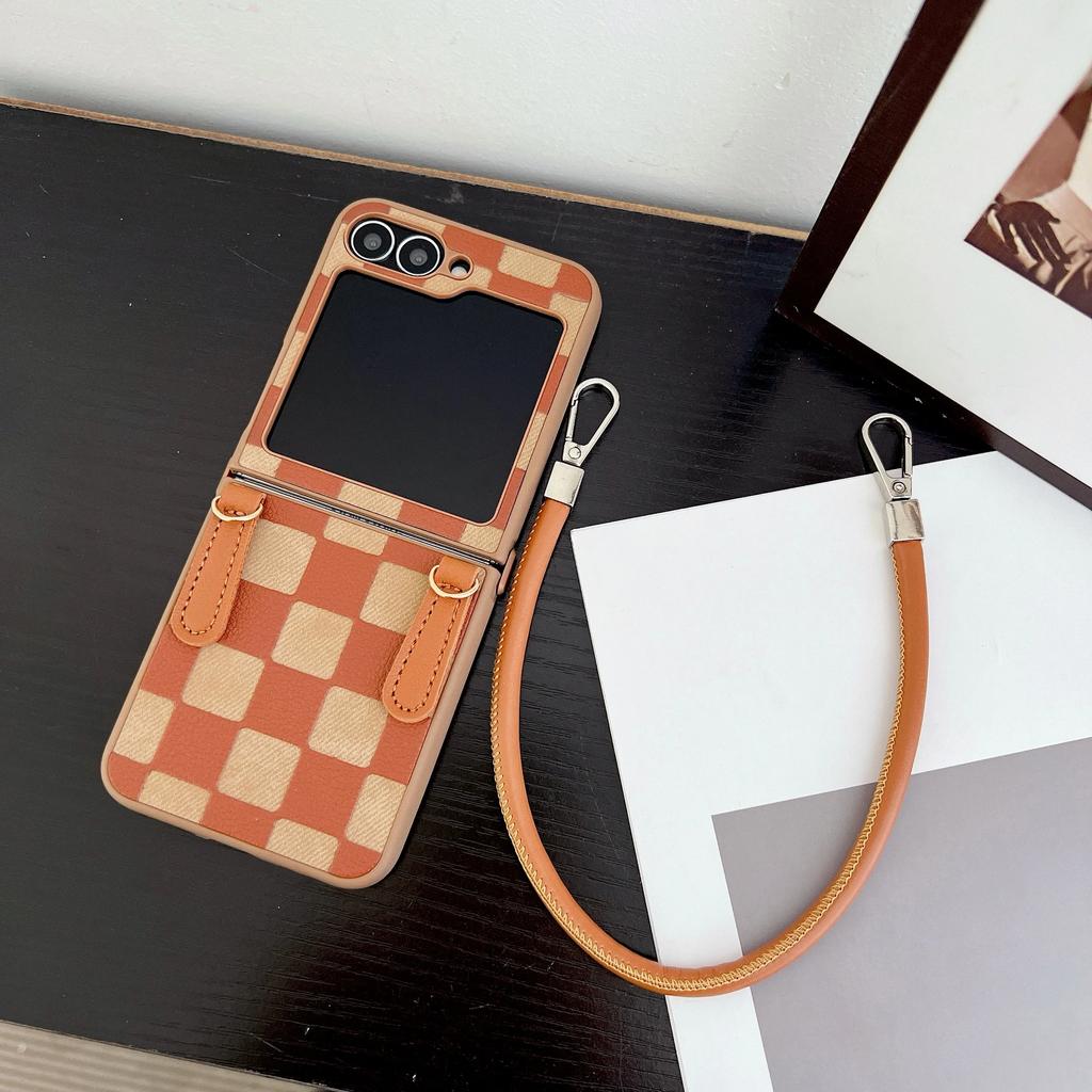 Kostkovaný PU kožený řemínek na zápěstí Pouzdro na telefon pro Samsung Galaxy Z Flip 6 5 4 3 5G Ochrana Nárazuvzdorný kryt