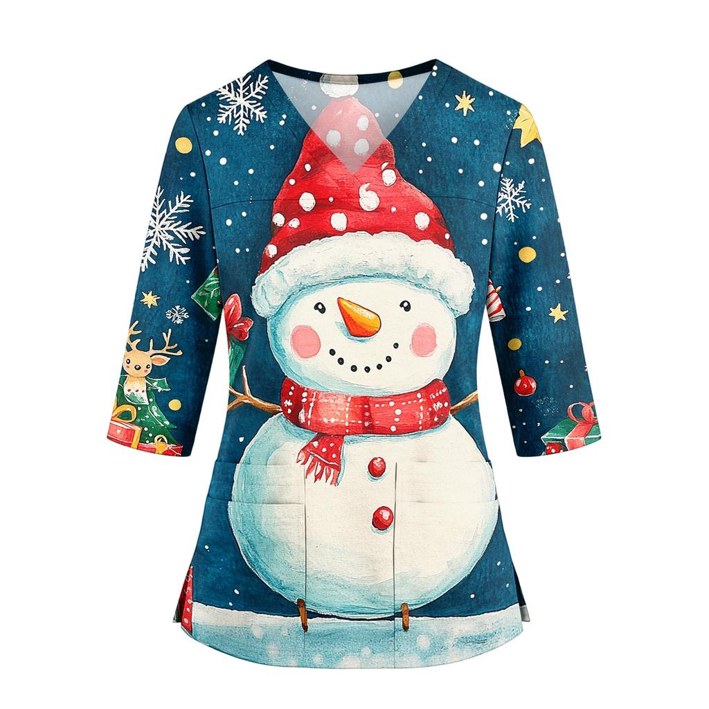 Women's Christmas Print V-Neck Work -Quarter Sleeve Caregiver Uniform Scrub Tunic