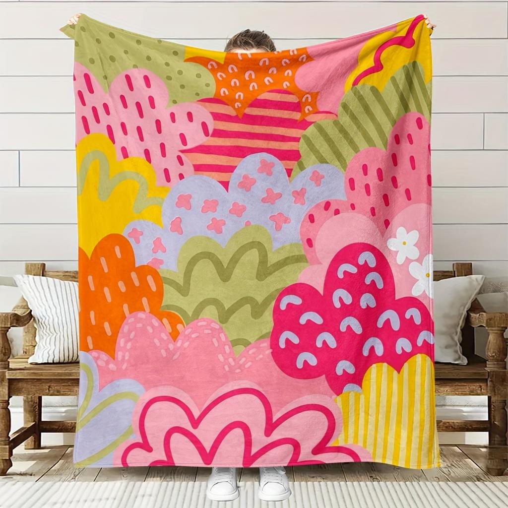 Scandinavian Style Pastel Floral Print Fleece Blanket - Soft Breathable Polyester All-Season Cozy Throw, Vibrant Pink Green 130x150cm51x59in