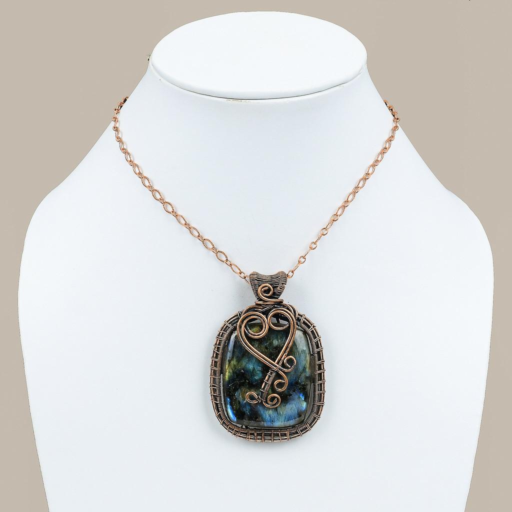 Natural Labradorite Gemstone Handmade Copper Wire Wrap Gift Pendant 2.6" w1i83