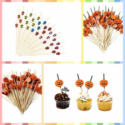100pc Wooden Fruit Fork Halloween Pumpkin Skull Decor Bamboo Sticks Buffet Dessert Pudding Fruit Pick Halloween Party Cake Decor