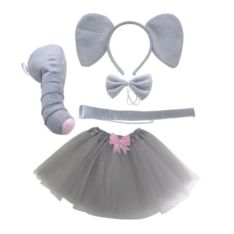 Olifant Kostuum Set Olifantenoren Neus Staart Strikje Tutu Dier Fancy Kostuum Kit Accessoires voor Halloween Cosplay M6CD One Size&Other