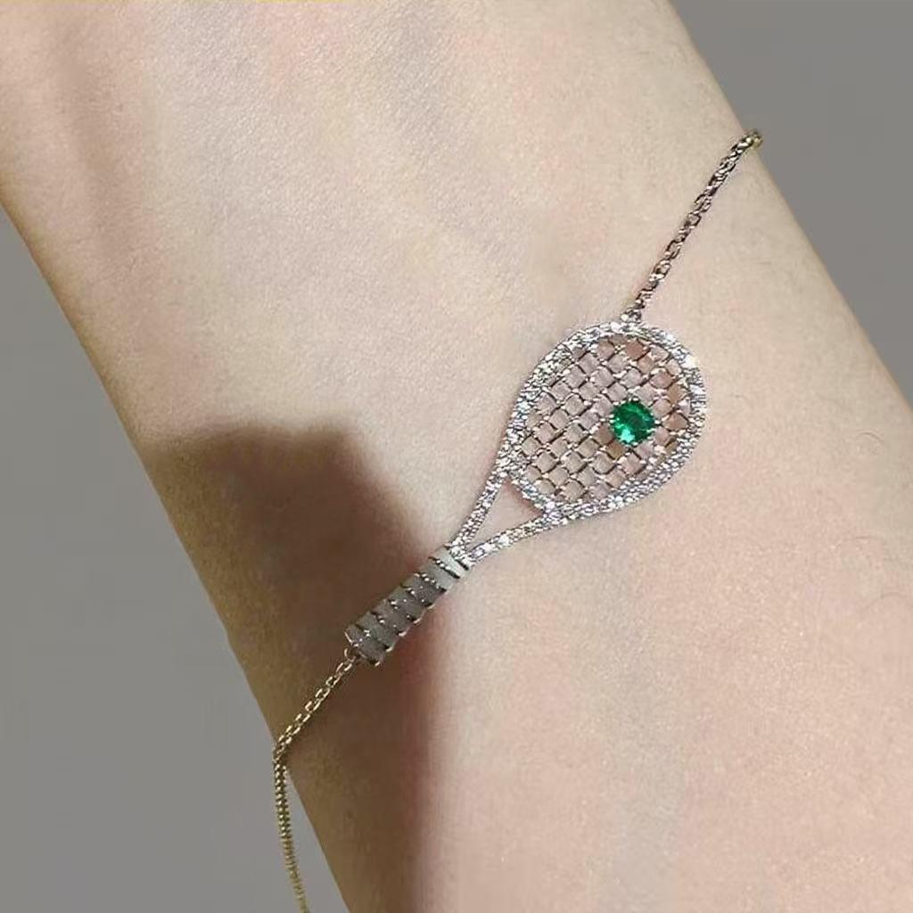 

Sparkling hollow out inlaid green diamonds tennis racket pendant fashion and creative fashion necklace collar chain jewelry gift 45cm
