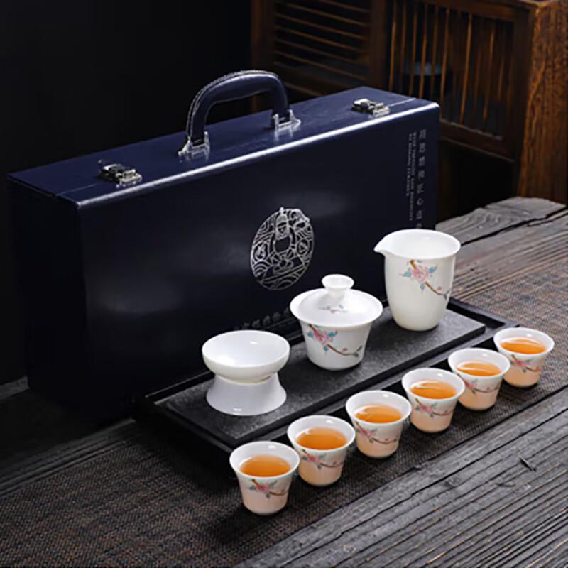 Jingling 10-Piece Ceramic Gaiwan Tea Set with Sheep Fat Jade Porcelain