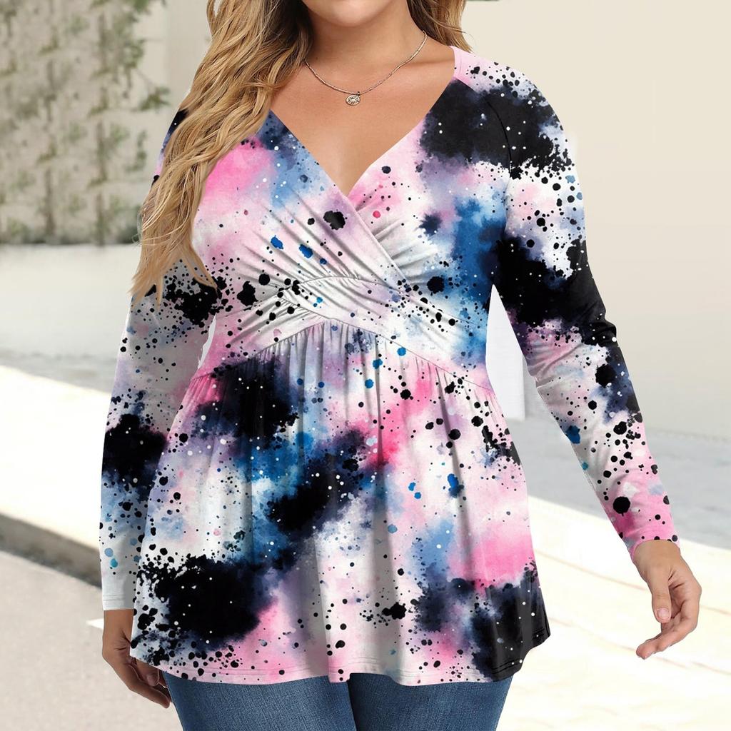 Women's Plus Size Shirt Long Sleeve  Print Top Pleated Casual V-Neck Top