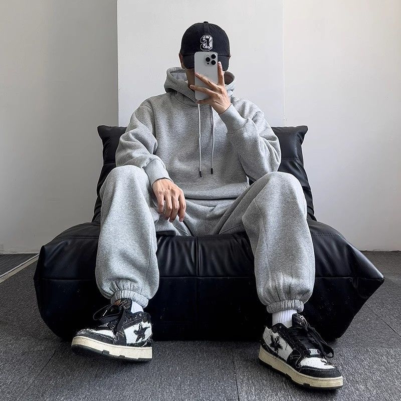 Autumn and Winter Grey Minimalist Streetwear Brand Loose, Fleece and Thickened Sweatshirt Sportswear Set for Men and Women