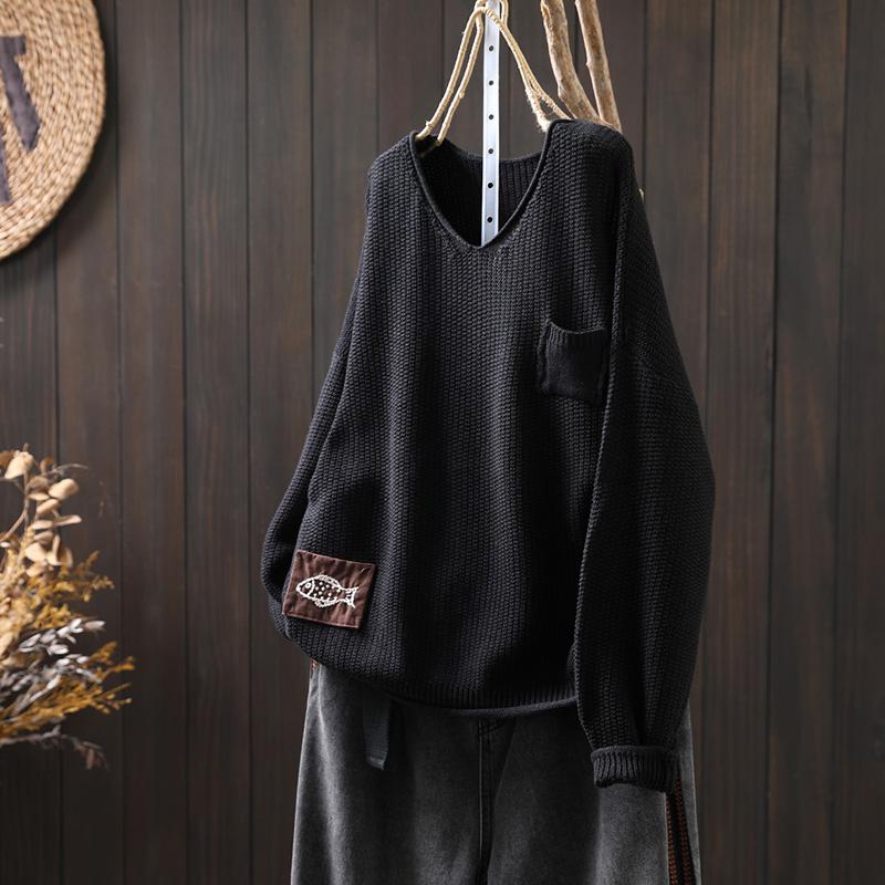 Women's Artistic Loose V-Neck Cotton Knit Sweater - Autumn Long Sleeve, Versatile Large Size