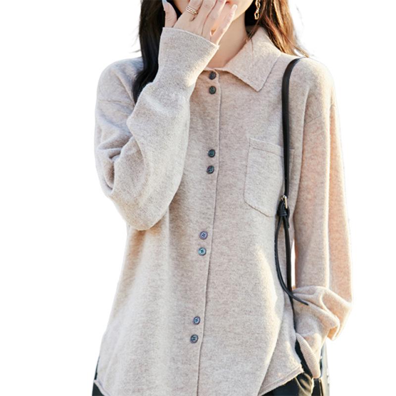 Women's 100% Pure Wool Polo Neck Knit Cardigan - Autumn/Winter Korean Style, Loose, Slimming, Buttoned Sweater