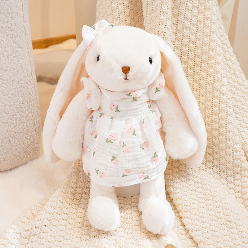 New 35cm Cute Shy Bunny Plush Toy with Floral Check Dress Soft Stuffed Rabbit Kid Birthday Gift Sofa Bedroom Decor Hugging