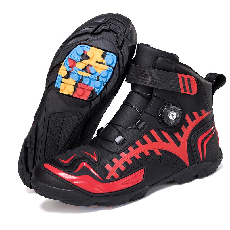 Unisex Leather Motorcycle Boots Large Size Rotation Button Anti -slip Anti -collision Competition Riding Shoes