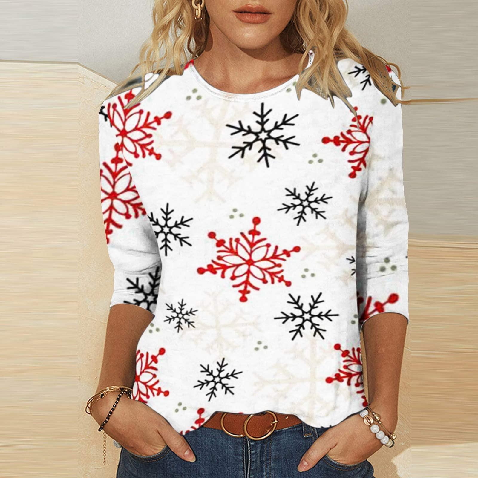 Женская мода Рождественский принт Повседневная футболка с длинным рукавом и круглым — фото 4