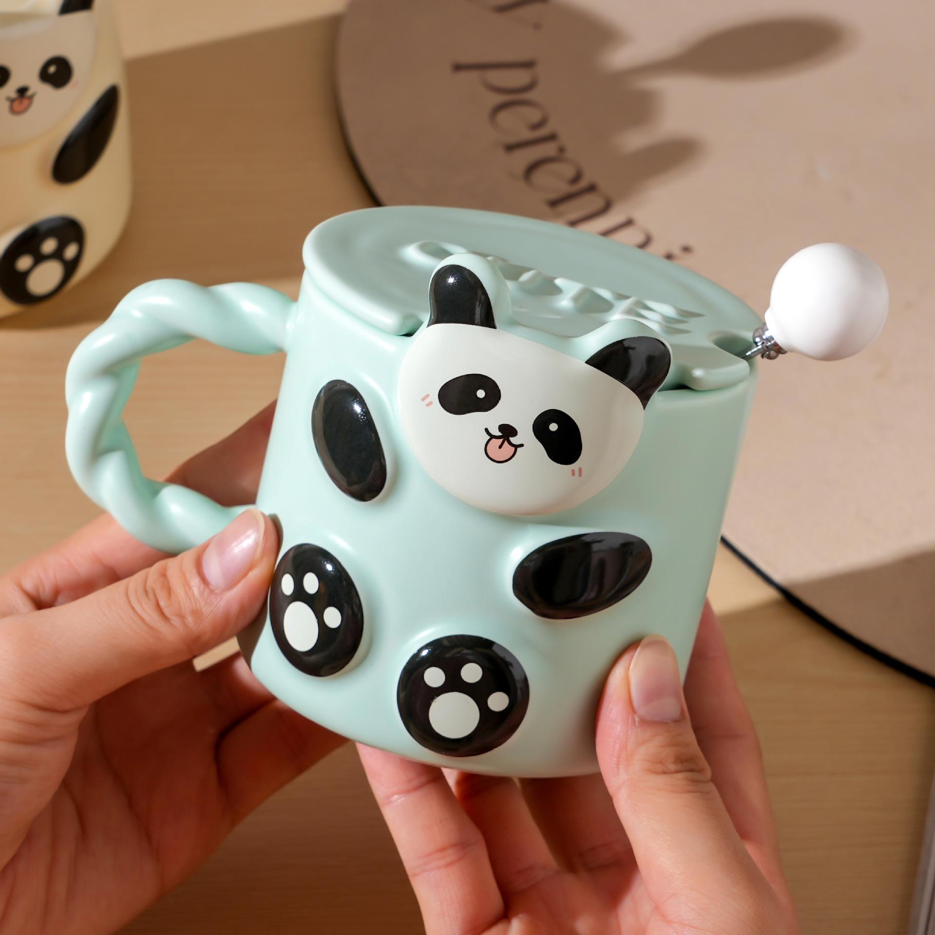 Yiran Toy 1 Green/Pink/Yellow Creative Relief Personality Cute Panda Ceramic Mug Souvenir Fresh Household Drinking Cup High Value Cup