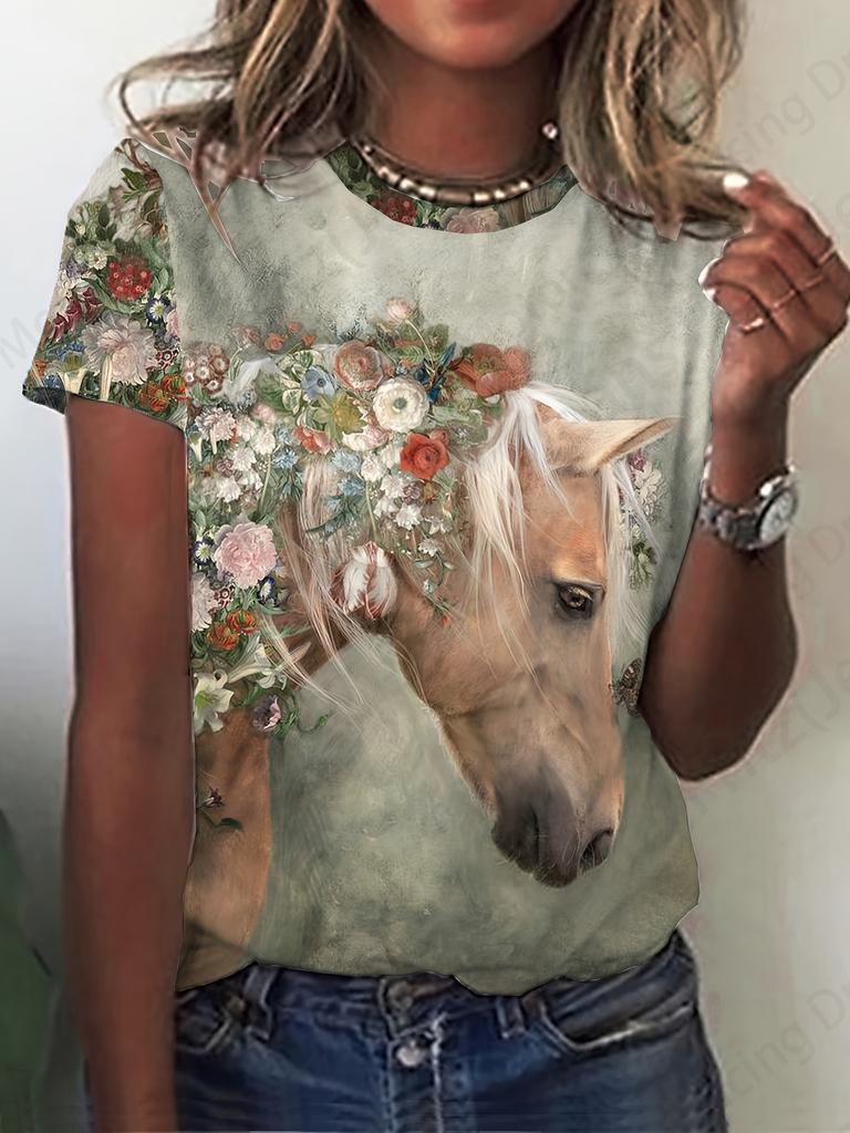 T-shirt d'été vintage pour femme avec imprimé cheval en 3D, t-shirt tendance pour femme, col ras du cou, manches courtes, hauts pour enfants, t-shirts animaux