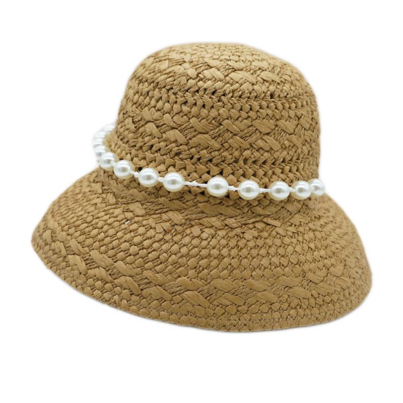 French Japanese Elegant Pearl Chain Woven Bell-Shaped Basin Hat Women'S Summer Sunshade Sunscreen Vacation Beach Hepburn Straw Hat