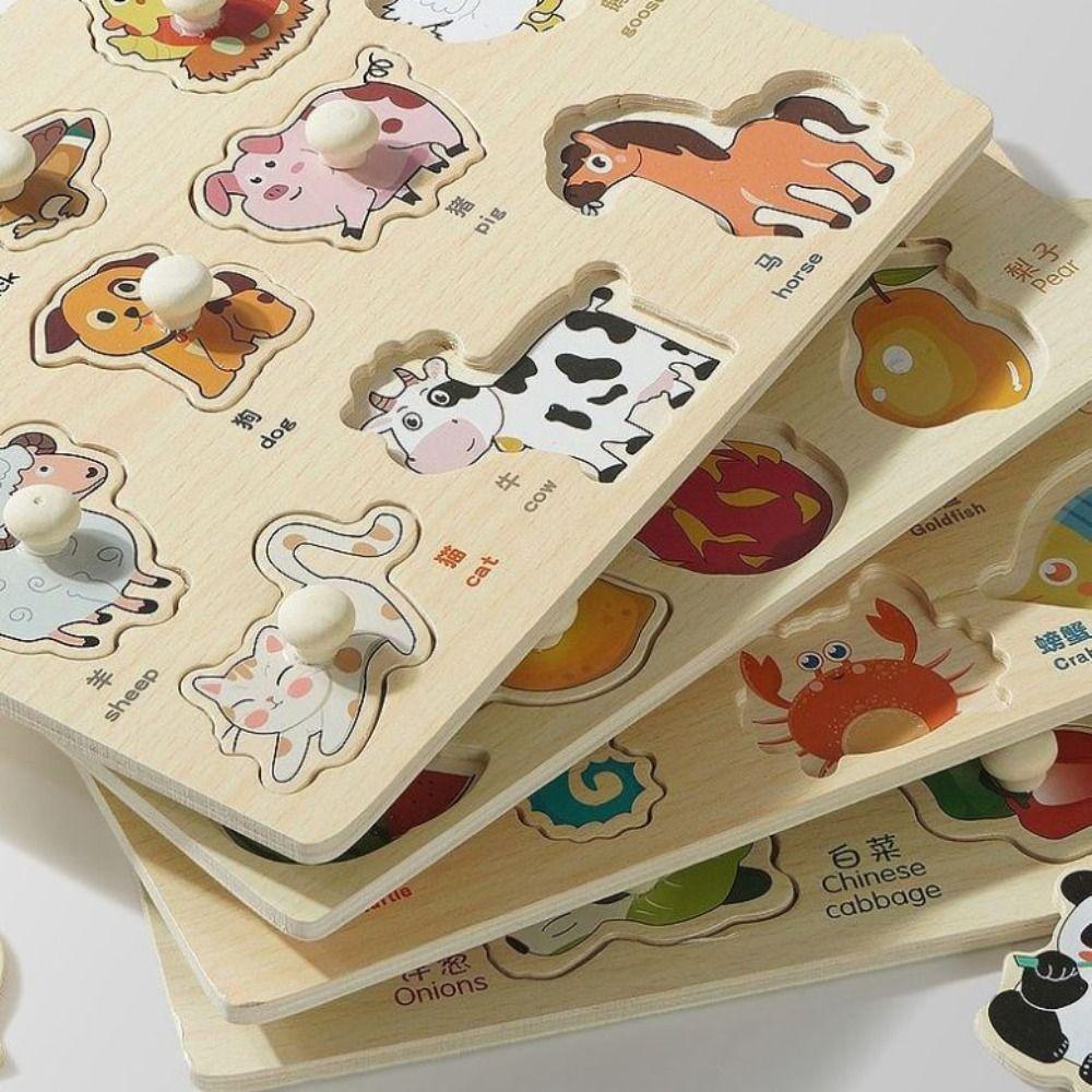 Shape Matching Wooden Puzzle Toys Cartoon Animals Fruits 3D Puzzles  Children