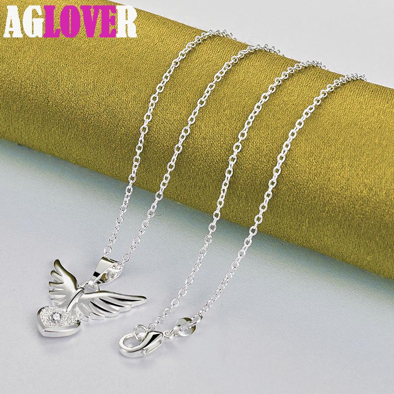 925 Sterling Silver AAA Zircon Love Heart Wings Pendant Necklace Jewelry