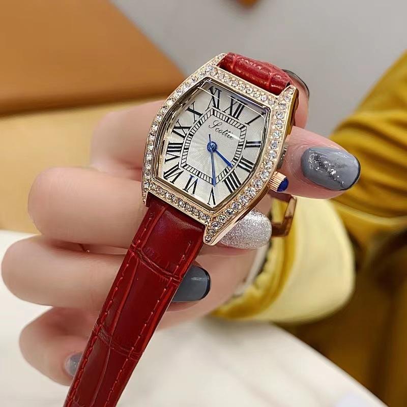 Barrel-Shaped Simple Watch Women'S Fashion Diamond-Encrusted Roman Face Leather Waterproof Women'S Watch