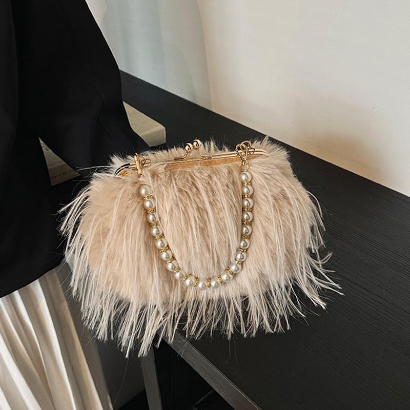 Yogodlns Luxuriöse Abendtasche aus Kunstfell Flauschige Einfarbige Schultertasche Große Kapazität Perlenhenkel Clutch Umhängetasche für Damen